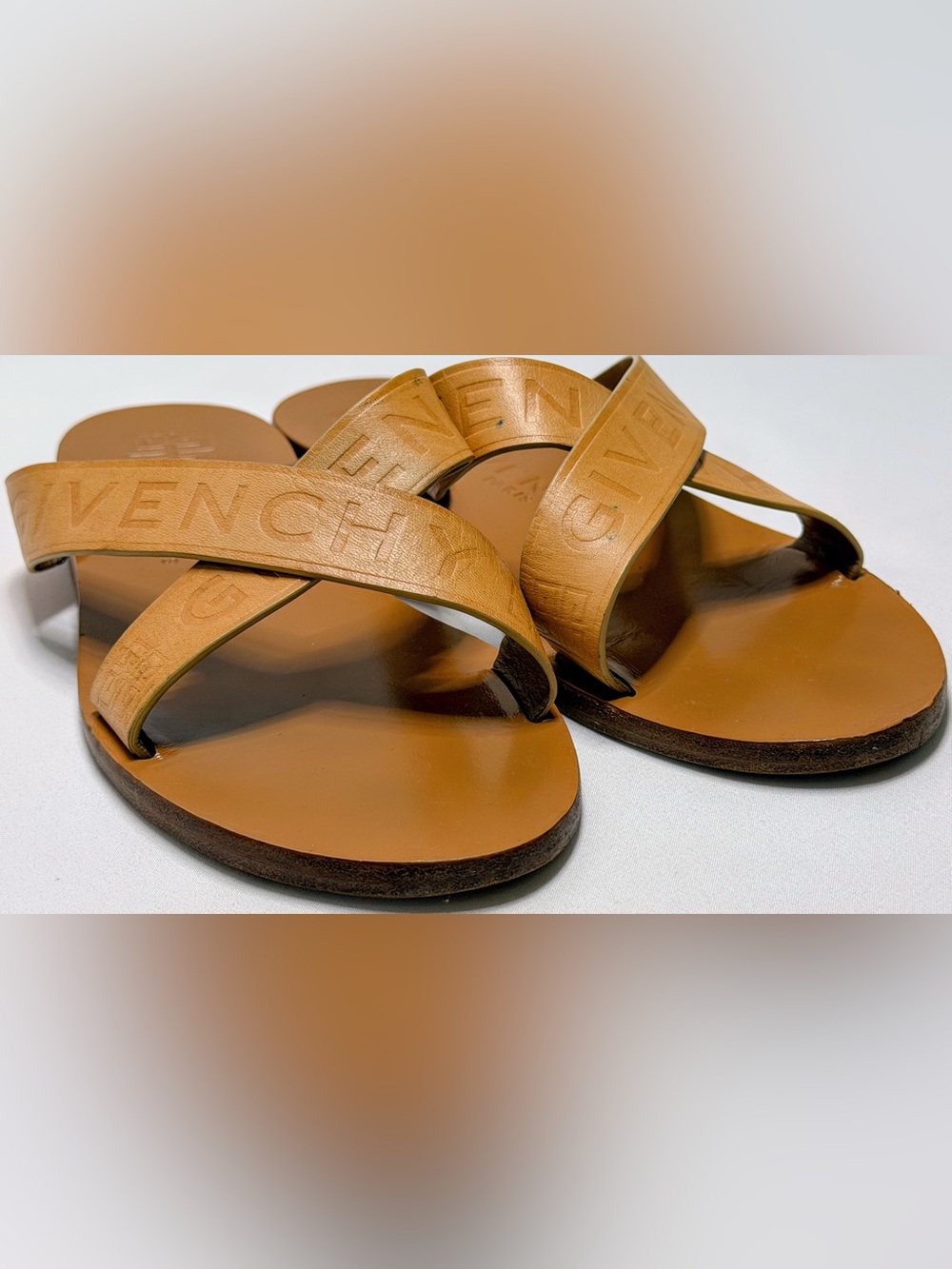 Givenchy Tan Leather Logo Crisscross Flat Sandals Slides Mules Size 37.5 US 7.5